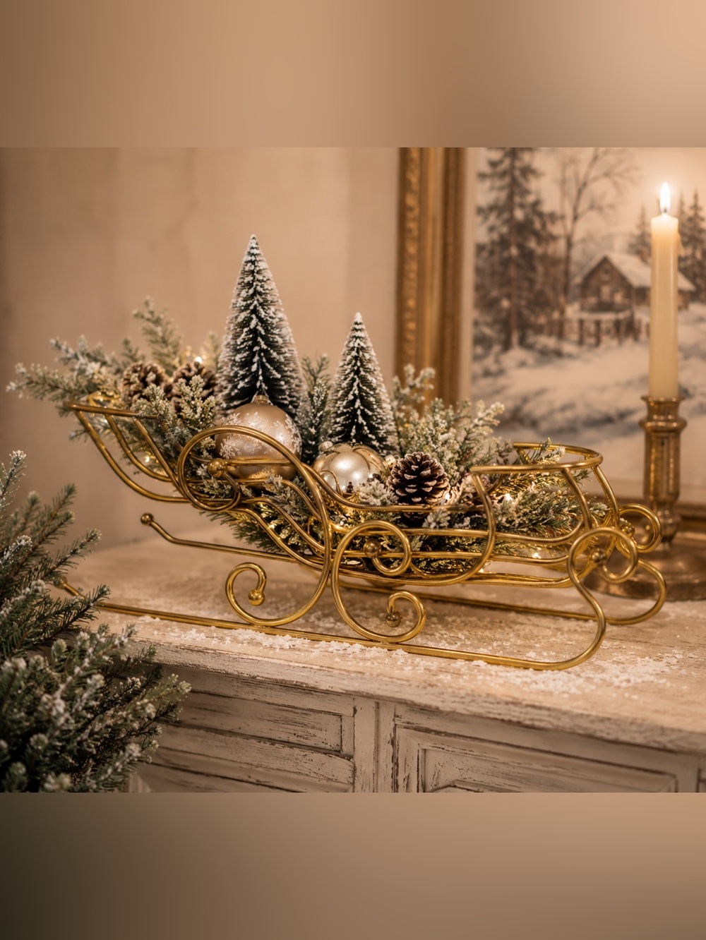 Vintage Gold Decorative Santa Sleigh Christmas Holiday Centerpiece winter decor